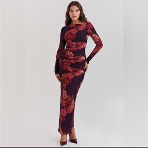 House of CB Burgundy Floral Long Sleeve Maxi Dress